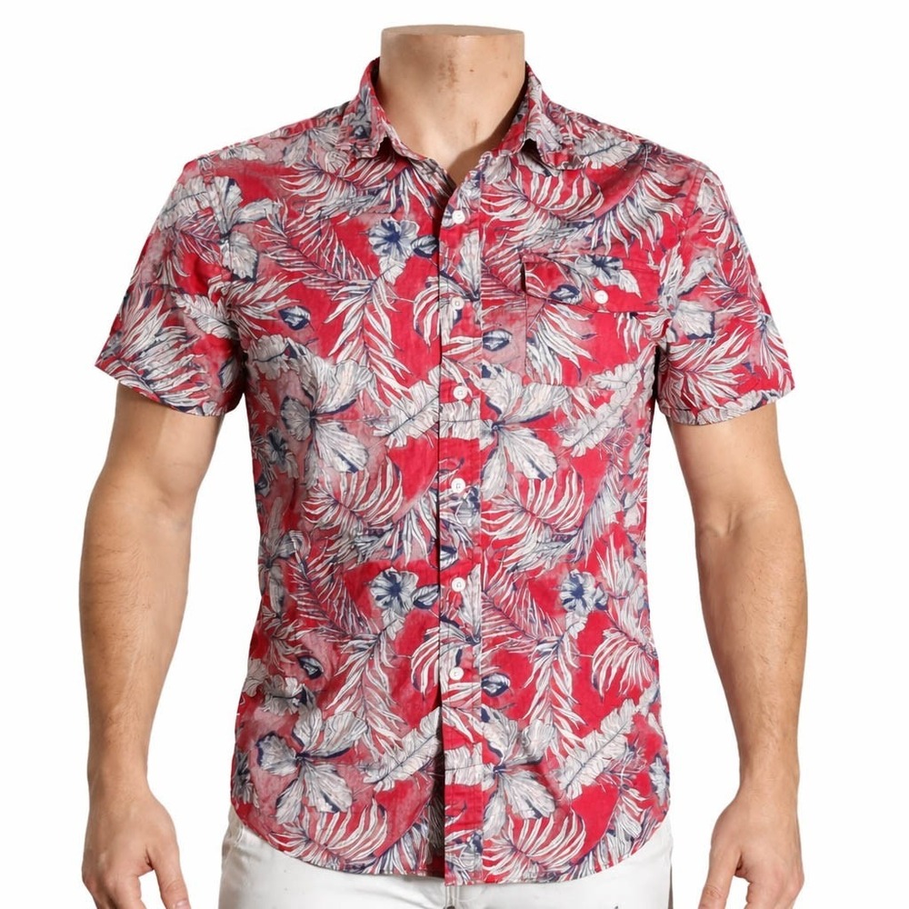 St. Johns Bay Mens Hawaiian Aloha Shirt Medium‎ Red Floral Leaf Fronds No Tuck